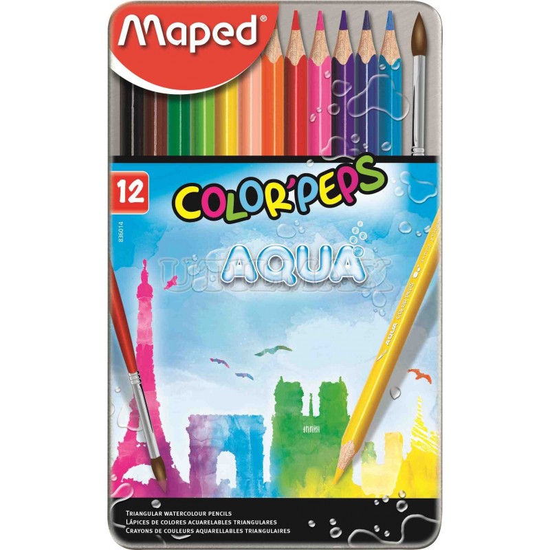 COLORES MAPED ACUARELABLES METAL AQUA X12 +PINCEL UND